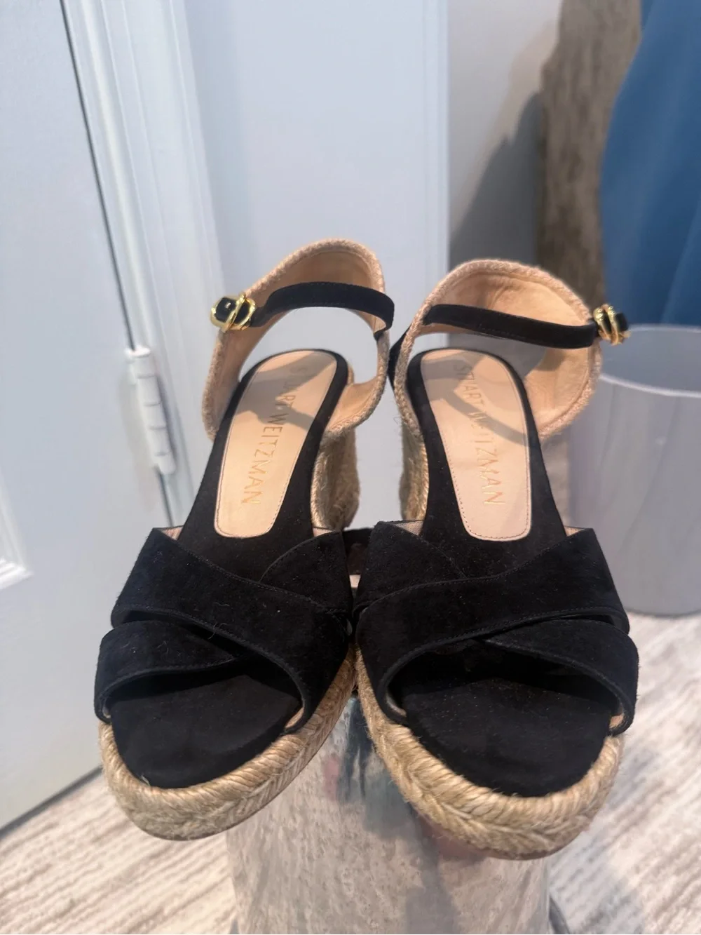 Stuart Weitzman Black Suede Espadrille Wedge Sandals with Ankle Strap - Picture 4 of 9